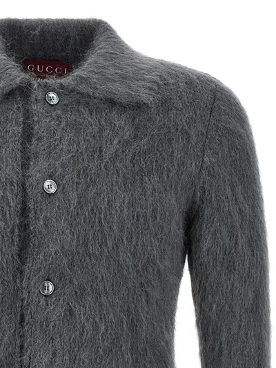 Gucci Men Grey Cardigan With Classic Collar And Brushed Effect In Mohair Blend Woman In Gray