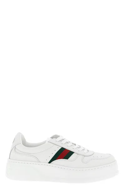 Gucci Women White Sneakers With Web Detail And Oversized Sole In Leather Woman