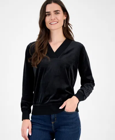 Style & Co Women's V-neck Velour Pullover Top, Macy's Exclusive In Black
