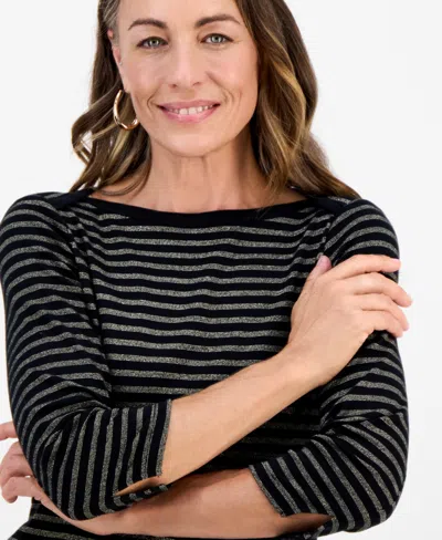 Style & Co Petite Striped Boat-neck Top, Macy's Exclusive In Black