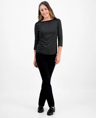 Style & Co Petite Striped Boat-neck Top, Macy's Exclusive In Black