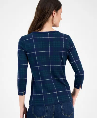 Style & Co Women's Plaid Pima Cotton 3/4 Sleeve Boat-neck Top, Macy's Exclusive In Blue