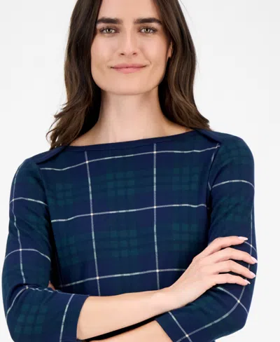 Style & Co Women's Plaid Pima Cotton 3/4 Sleeve Boat-neck Top, Macy's Exclusive In Blue