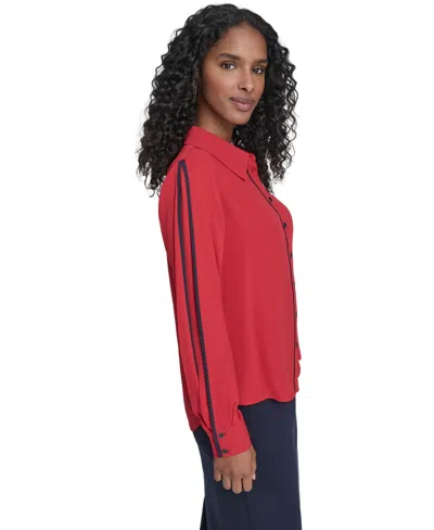 Tommy Hilfiger Women's Long Sleeve Contrast Trim Button-up Blouse In Red