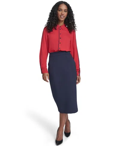 Tommy Hilfiger Women's Long Sleeve Contrast Trim Button-up Blouse In Red