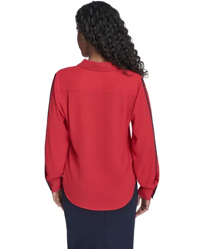 Tommy Hilfiger Women's Long Sleeve Contrast Trim Button-up Blouse In Red