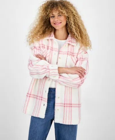 Hippie Rose Juniors' Collared Long-sleeve Plaid Shacket In Pink