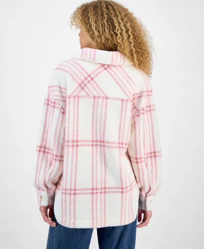 Hippie Rose Juniors' Collared Long-sleeve Plaid Shacket In Pink