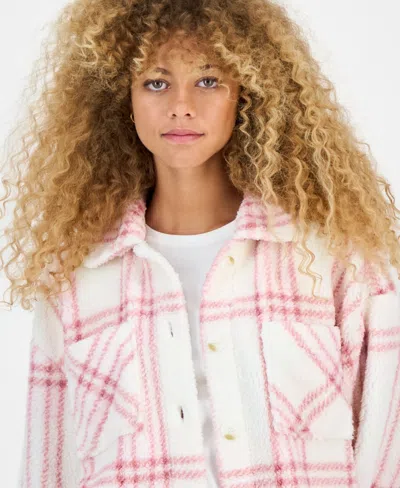 Hippie Rose Juniors' Collared Long-sleeve Plaid Shacket In Pink