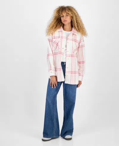 Hippie Rose Juniors' Collared Long-sleeve Plaid Shacket In Pink