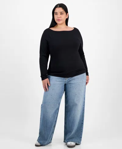 And Now This Trendy Plus Boat-neck Long-sleeve Top, Macy's Exclusive In Black