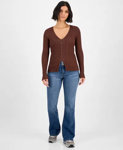 Celebrity Pink Juniors' Double-button Distressed Bootcut Jeans In Blue