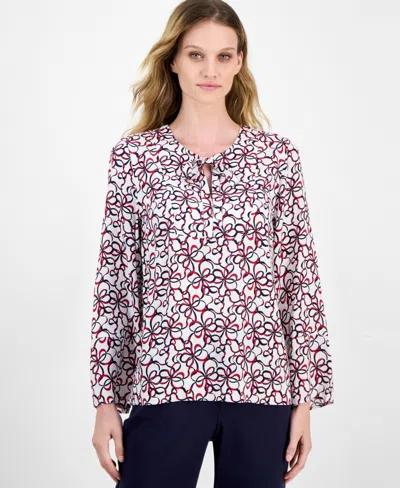 Nautica Jeans Women's Ribbon-print Tie-front Blouse In Multi