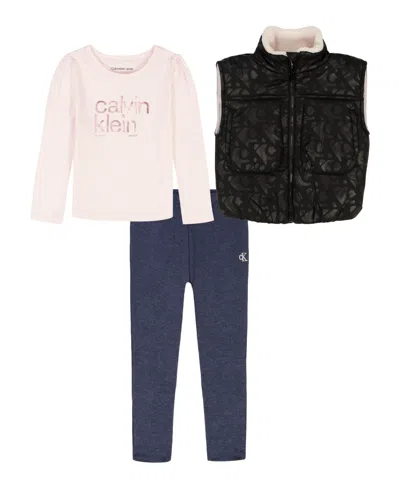 Calvin Klein Girls 4-6x 3-piece High Neck Vest, T-shirt And Pants Set In Multi