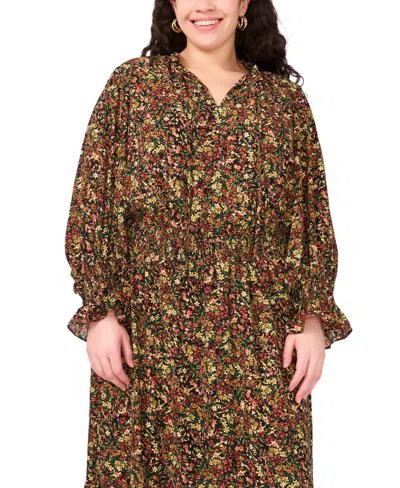 Vince Camuto Plus Size Long Sleeve Smocked Waist Maxi Dress In Animal Print