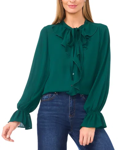 Cece Button Down Ruffle Top In Green