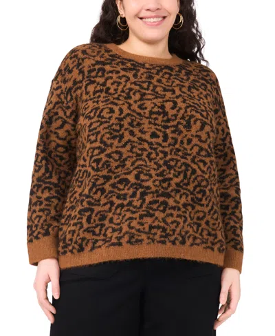 Vince Camuto Plus Size Cozy Crewneck Animal-print Long-sleeve Sweater In Brown