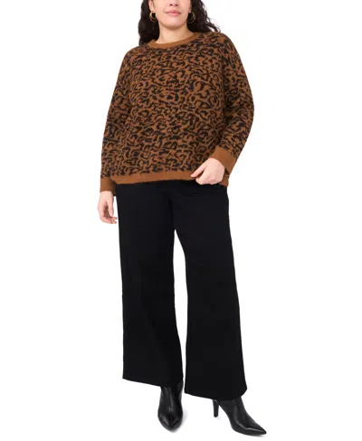 Vince Camuto Plus Size Cozy Crewneck Animal-print Long-sleeve Sweater In Brown
