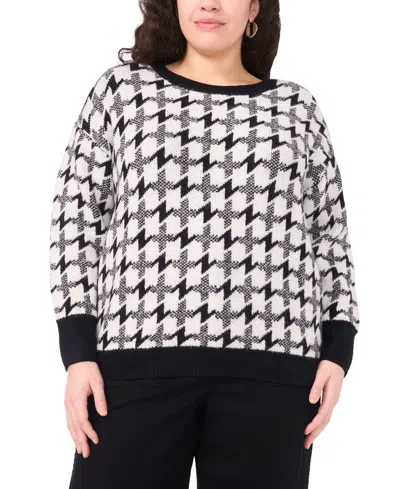 Vince Camuto Plus Size Houndstooth Long Sleeve Crewneck Sweater In Black