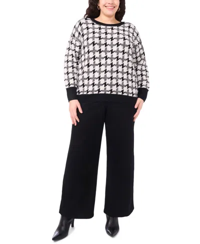 Vince Camuto Plus Size Houndstooth Long Sleeve Crewneck Sweater In Black