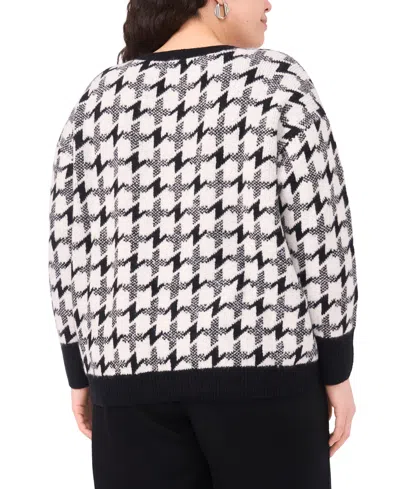 Vince Camuto Plus Size Houndstooth Long Sleeve Crewneck Sweater In Black