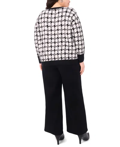 Vince Camuto Plus Size Houndstooth Long Sleeve Crewneck Sweater In Black