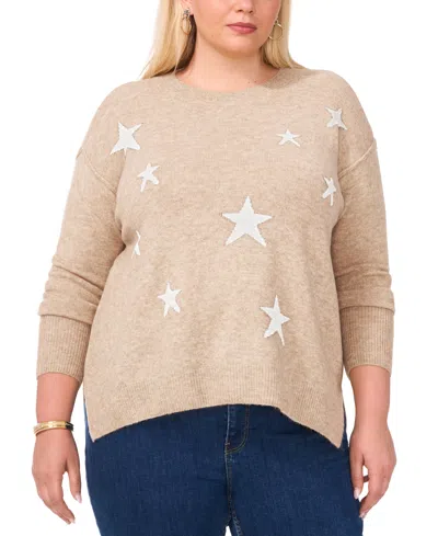Vince Camuto Plus Size Cozy Crewneck Star-print Dropped-shoulder Sweater In Brown