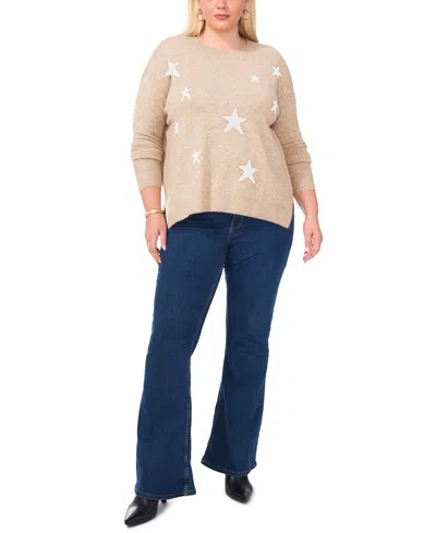 Vince Camuto Plus Size Cozy Crewneck Star-print Dropped-shoulder Sweater In Brown