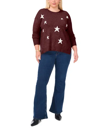 Vince Camuto Plus Size Cozy Crewneck Star-print Dropped-shoulder Sweater In Red
