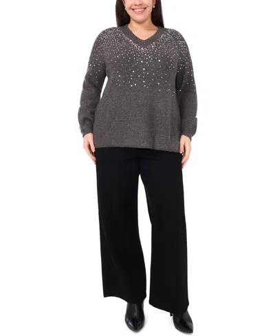 Vince Camuto Plus Size Sequin V-neck Raglan Sweater In Gray