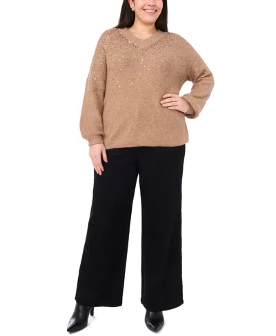 Vince Camuto Plus Size Sequin V-neck Raglan Sweater In Brown