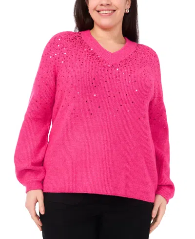 Vince Camuto Plus Size Sequin V-neck Raglan Sweater In Pink