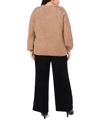 Vince Camuto Plus Size Sequin V-neck Raglan Sweater In Brown
