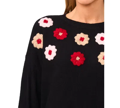 Cece Multicolor Embroidered Flower Sweater In Black