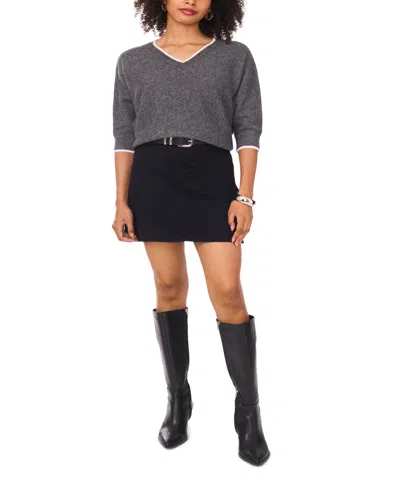 Vince Camuto Women's Cozy V-neck Tipped 3/4-sleeve Sweater In Gray