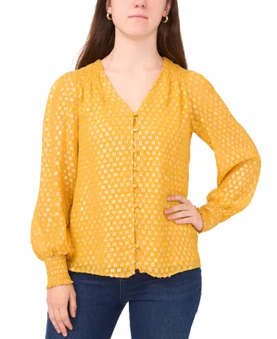 Sam & Jess Petite V-neck Smocked-shoulder Blouse In Yellow
