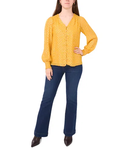 Sam & Jess Petite V-neck Smocked-shoulder Blouse In Yellow