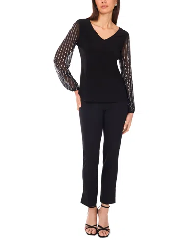 Msk Women's V-neck Beaded Sleeve Top In Black