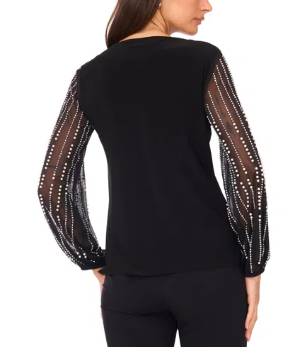Msk Women's V-neck Beaded Sleeve Top In Black