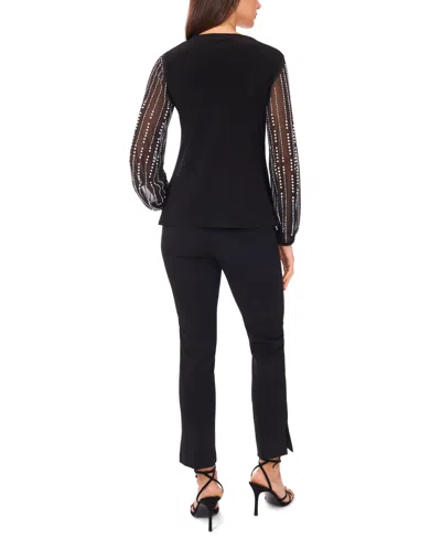 Msk Women's V-neck Beaded Sleeve Top In Black