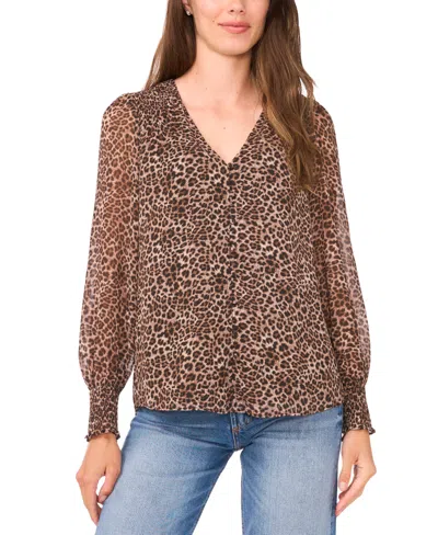 Sam & Jess Women's Smocked Shoulder V-neck Blouse Top In Animal Print