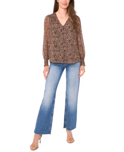 Sam & Jess Women's Smocked Shoulder V-neck Blouse Top In Animal Print