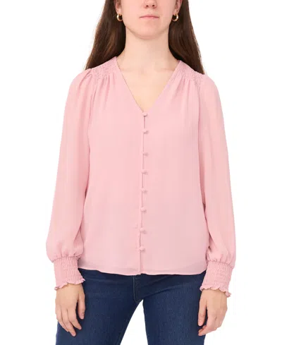 Sam & Jess Petite V-neck Smocked-shoulder Blouse In Pink