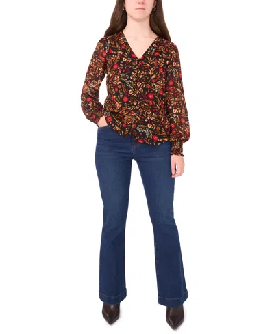 Sam & Jess Petite V-neck Smocked-shoulder Blouse In Multi