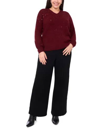 Vince Camuto Plus Size Sequin V-neck Raglan Sweater In Burgundy