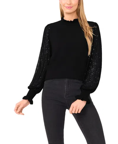 Cece Sequin Sleeve Mock Neck Sweater In Black
