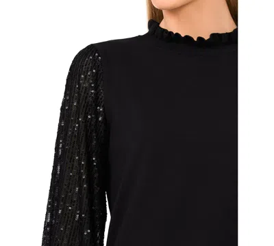 Cece Sequin Sleeve Mock Neck Sweater In Black