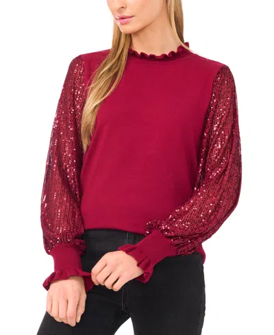 Cece Sequin Sleeve Mock Neck Sweater In Red