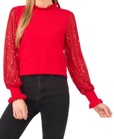 Cece Sequin Sleeve Mock Neck Sweater In Red
