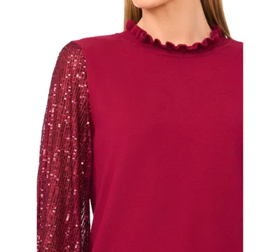 Cece Sequin Sleeve Mock Neck Sweater In Red